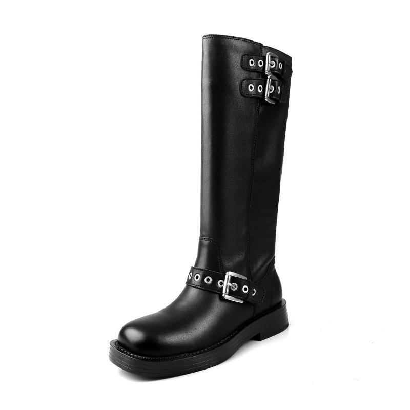 

Cowhide version~ Genuine leather boots women s round head thick heel belt buckle thick-soled locomotive boots slim knight boots 40