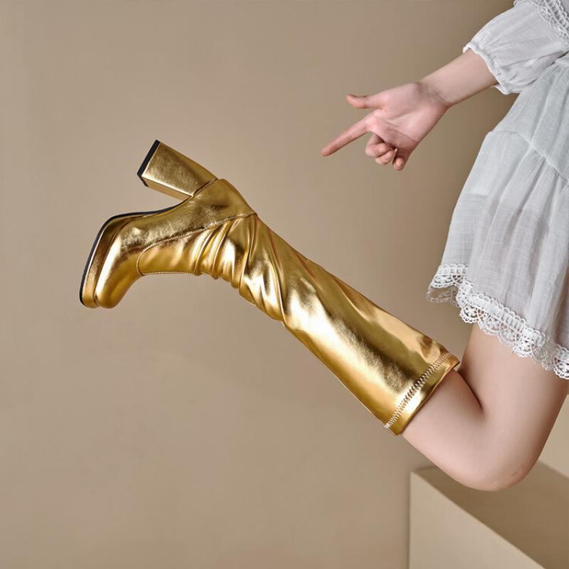 

Осенне-зимние женские высокие сапоги на высоком каблуке большого размера на молнии европейского и американского стиля на толстом каблуке с квадратным носком водонепроницаемые настольные новые женские сапоги 39 серебряный