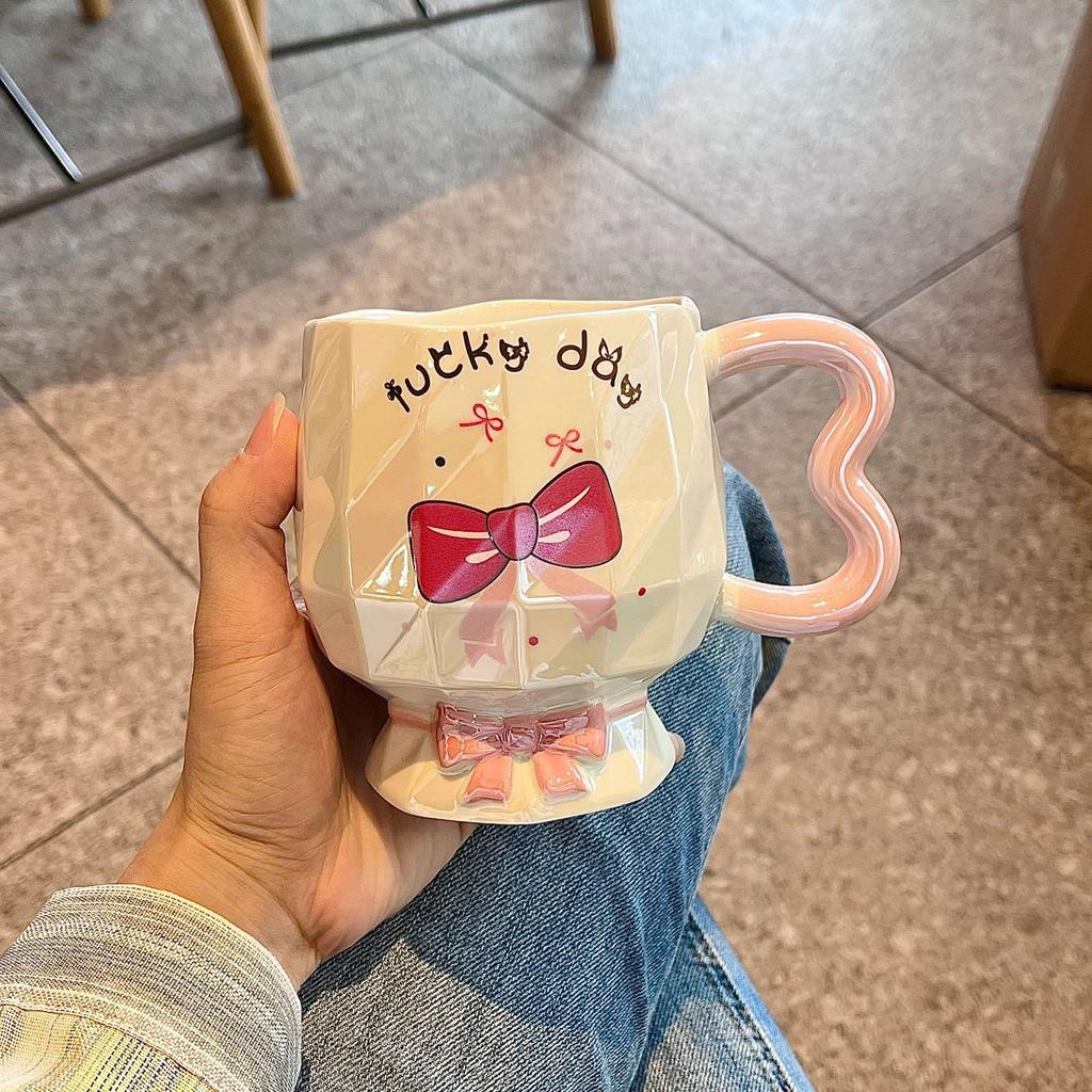 Bow Mug High Looking Girl Heart Cup Ceramic Water Cup Home Couple Office Coffee Breakfast Cup