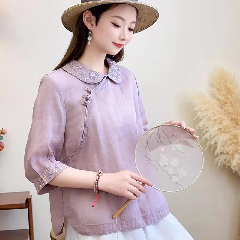 Women's Retro Folk Style Lapel Shirt with Oblique Collar and Chinese Button Design in Cotton-Linen