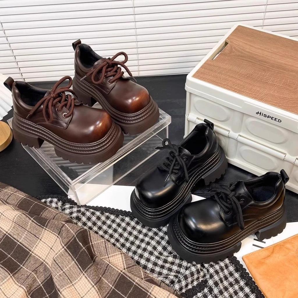 2025 New Muffin Platform Big Head JK Small Leather Shoes Women's Small Derby Shoes British Style Lace-up Loafers
