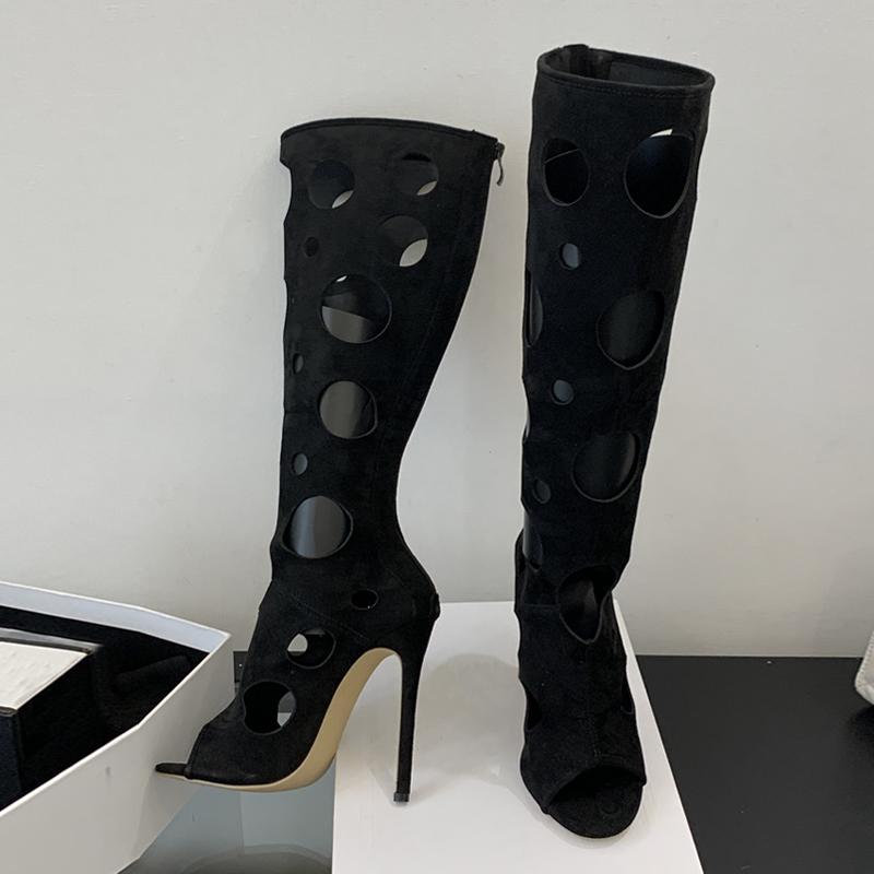 Fashion Liyke Summer Fashion Hollow Out Knee High Sandals Women Stiletto Heels Peep Toe Zip Long Boots Female Shoes Black Zapatos Mujer