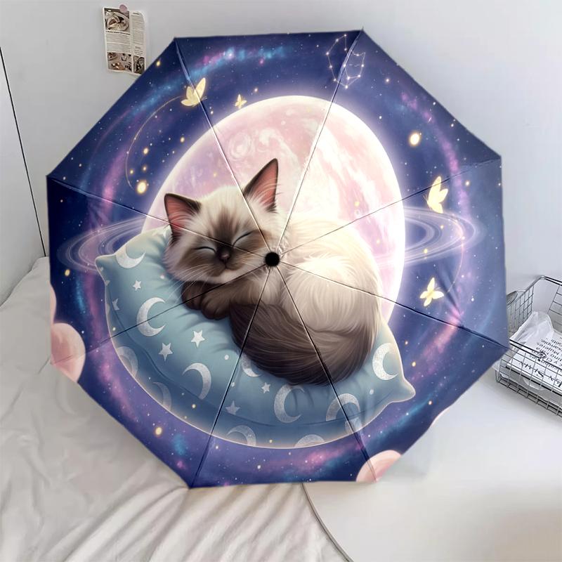 1 PC Automatic Folding Umbrella - Sleeping Cute Cat Pattern, Portable & Foldable Design with 8 Ribs, Christmas Birthday Gifts