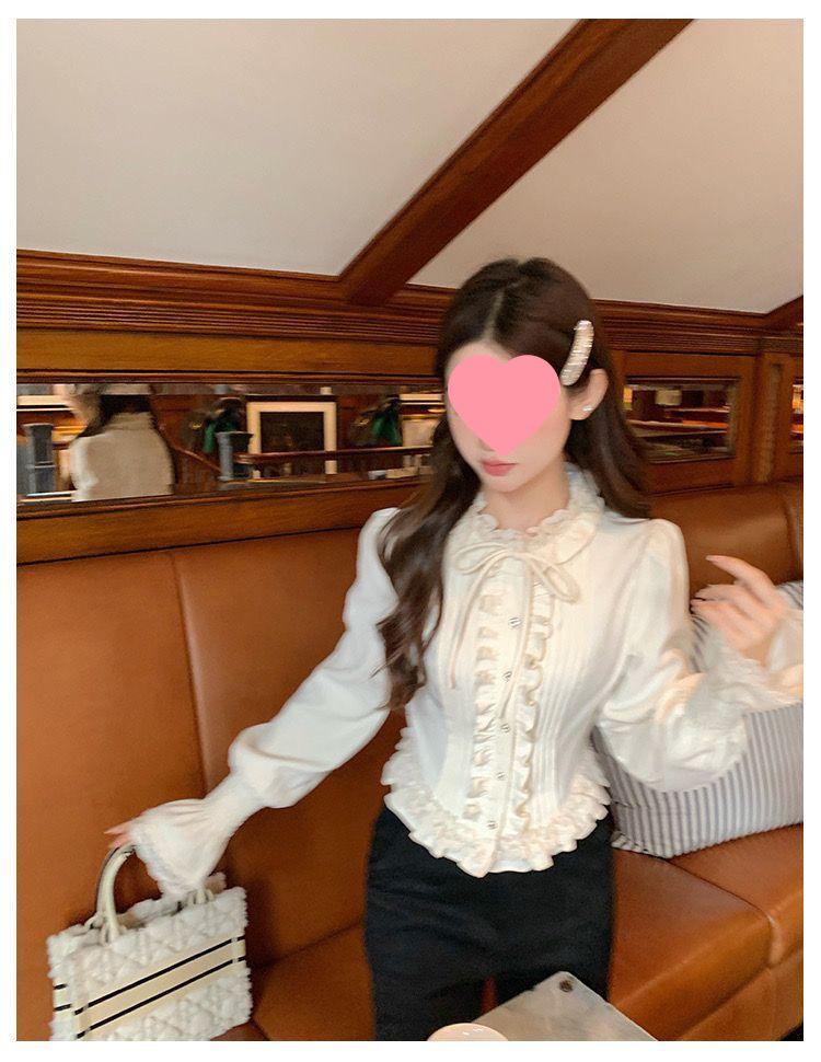 Cream Bagel French Sweet Age-Reducing Lace Ruffle Slimming Blouse - Women's Autumn Court Style Top