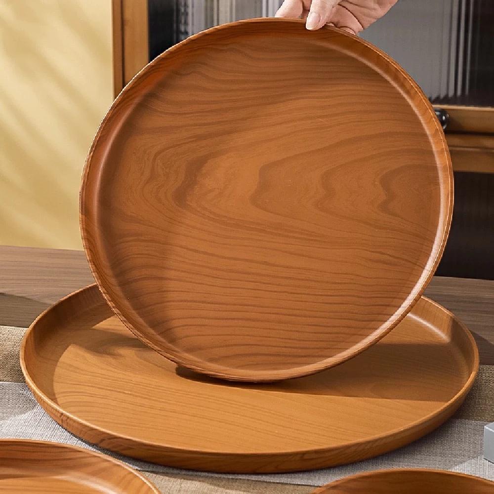 Food Tray Breakfast Dinner Vintage Round Serving Tray Imitation Wood Platte Tea Bathroom Organize Multi Purpose Storage Trays