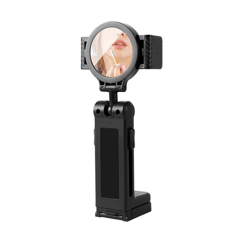 Portable Foldable Adjustable Phone Holder with Rotatable Clip and Beauty Mirror for Travel