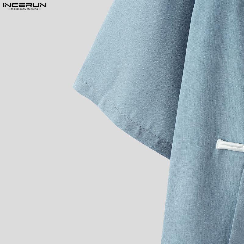 INCERUN Summer Men Vintage Stand Neck Short Sleeve Side Buttons Casual Vintage Shirts