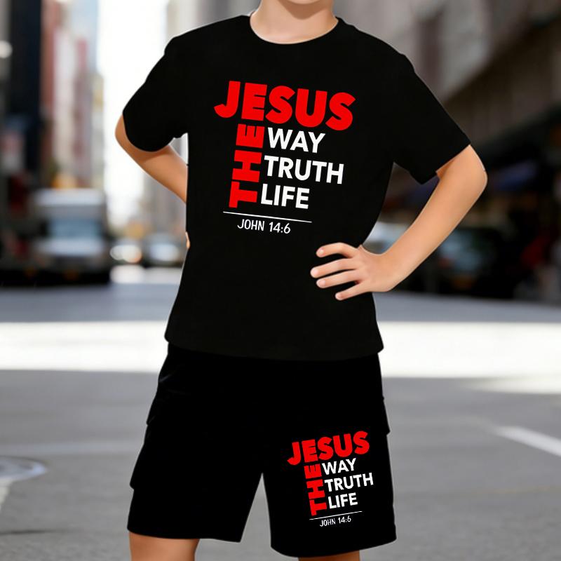 

Boys 2 Piece Bible-themed printed Outfit, Short Sleeve T-Shirt and Shorts Set for Kids Age 5-14,White Sporty Casual Summer Clothes 5-6 Years чёрный