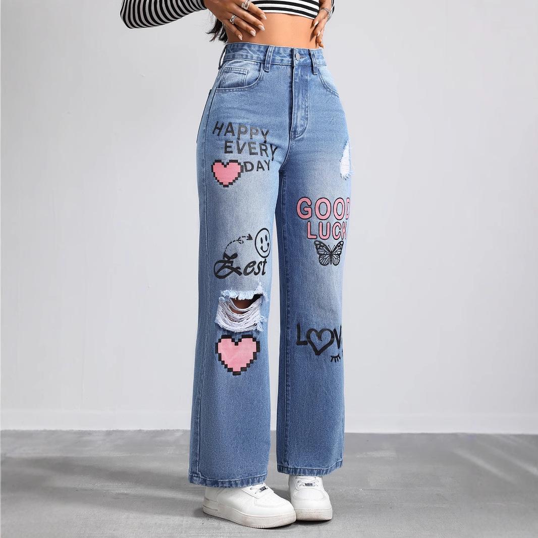 Teen Girls Snowflake Washed Ripped Wide-Leg Jeans M кобальтовый/синий