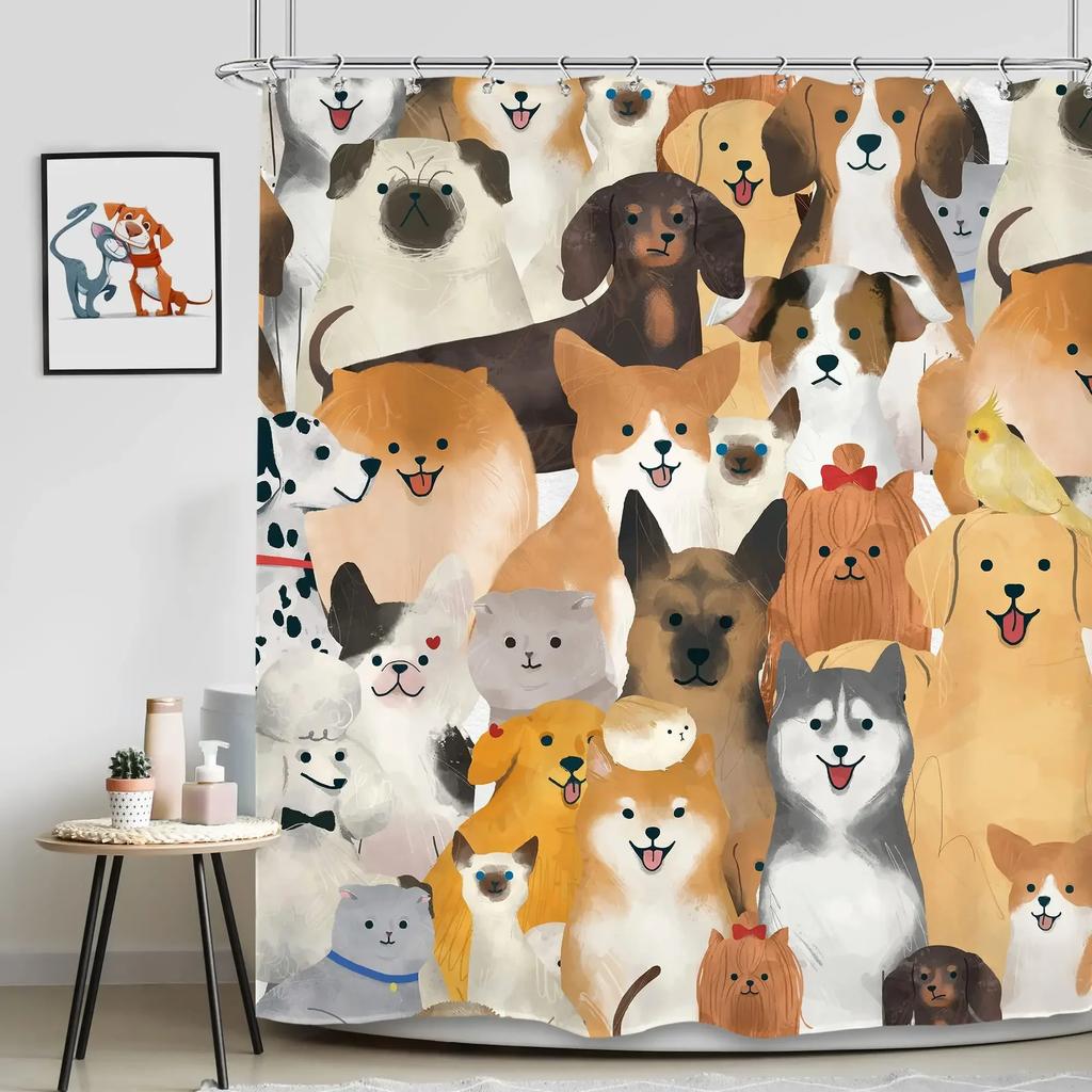 Cats and Dogs Shower Curtain Raining Cartoon Corgi Cute Animal Hilarious Pet Playing Water Polyester Waterproof Bathroom Curtain