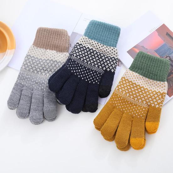 1 Pair Thickened Warm Full Fingers Touch Screen Ribbed Cuffs Women Gloves Winter Striped Splicing Double Layer Fleece Lining Knitting Gloves for Cold