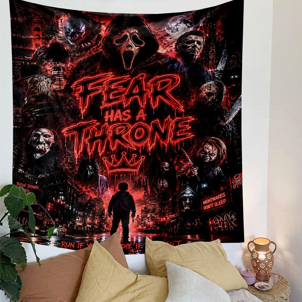 The pattern features horror villains and text in a glowing, bloody style. Patterned tapestry for bedroom and living room home decor