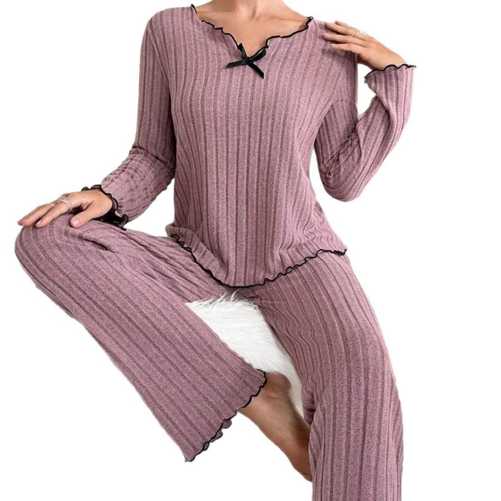 European & American Style Ribbed Black-Edged Bow Casual Home Set
