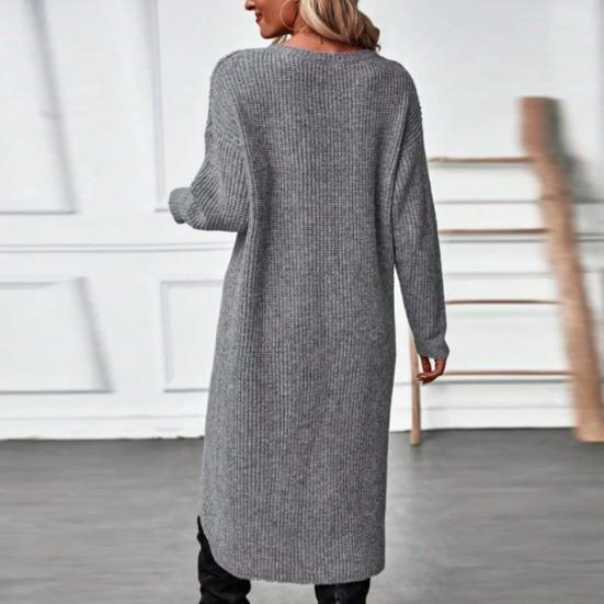 Women Fall Winter Dress Irregular Split Hem Knitted Loose Soft Thick Warm Long Sleeve Solid Color Mid Length Sweater Dress