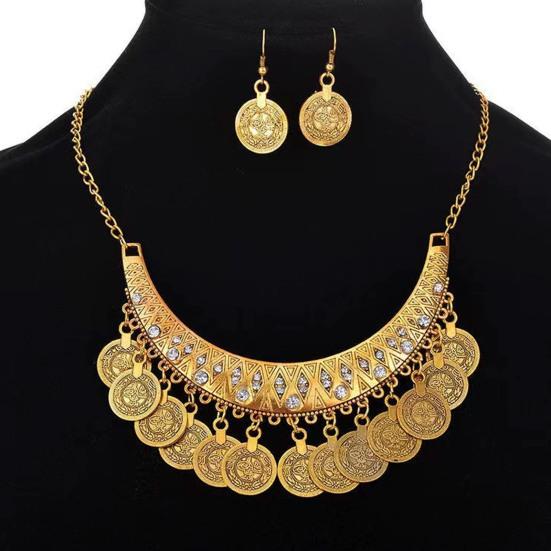 2 Stück/Set Halskette Ohrringe Set Verstellbare Kette Retro Graviertes Muster Münze Quasten Braut Halskette mit Strasssteinen Eingelegt Schmuck Geschenk