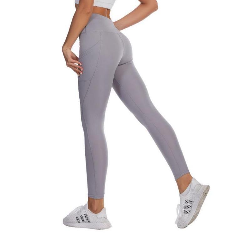 Women High Waist Solid Color Yoga Running Fitness Leggings with Side Pockets Hip Lifting Sports Long Pants