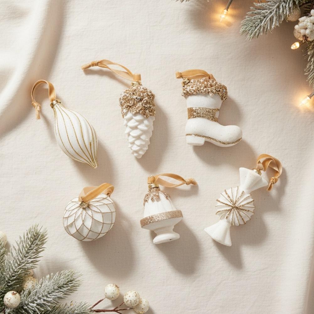 Christmas Tree Decorations Set of 6 with Flocked Texture Ornaments Designed for Window Display and Festive Seasonal Arrangements