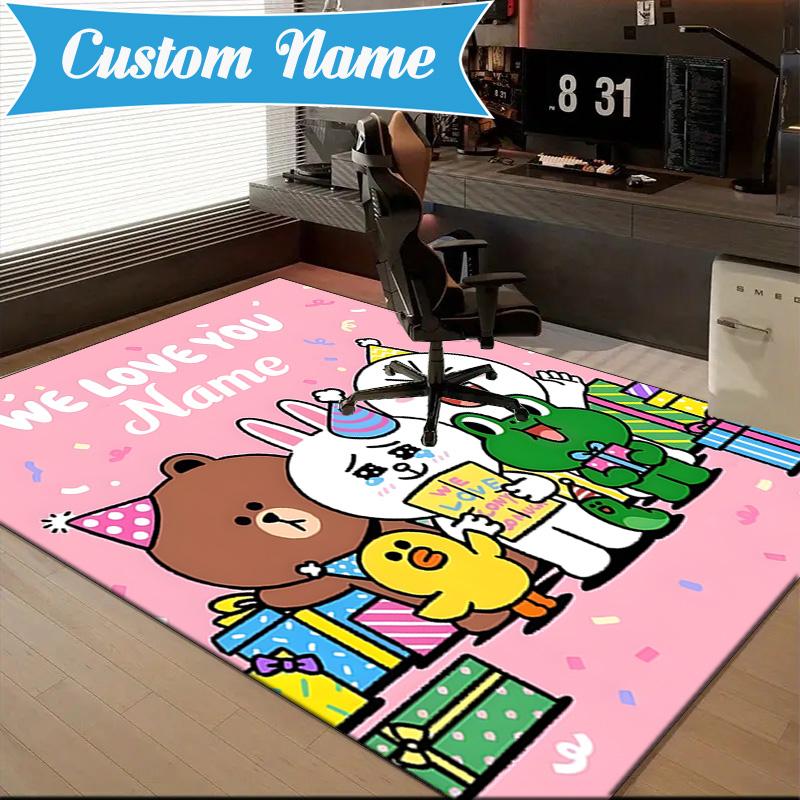Custom Name Happy Birthday Brown Bear Rug for Living Room, Game Rooms, Office, Bedroom, Floor Mat Playful Design, fan gifts Christmas decor