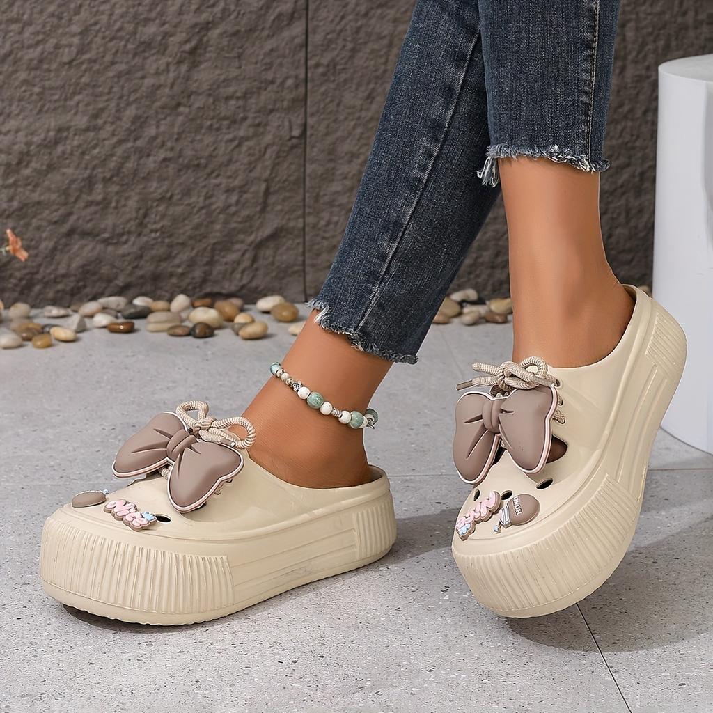 Women's Bow Decor Platform Clogs, Stylish Closed Toe Summer Beach Slide Shoes, Fashion Outdoor Lace-up Beach Garden Sandals