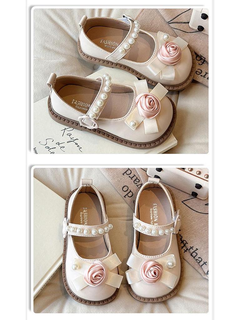 Children's Rose Floral Pearl Mary Jane Shoes - Non-slip, Stylish Spring/Autumn Leather Princess Shoes