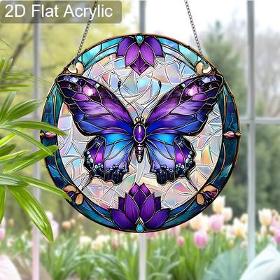 Acrylic Purple Butterfly with Floral Suncatcher, Stained Glass Style Window Hanging for Nature and Butterfly Lovers