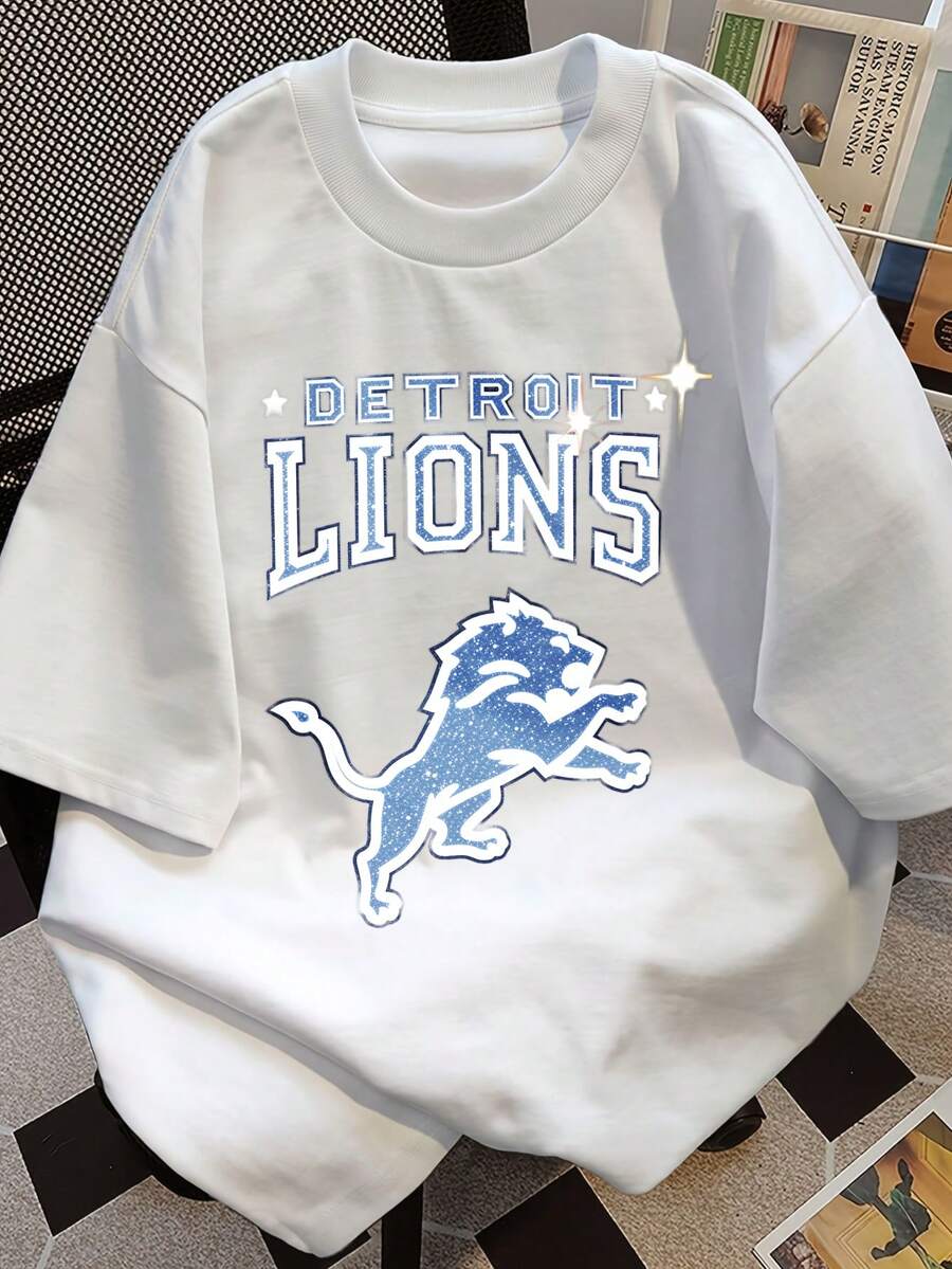 

Unisex s Print T-Shirt - Detroit Logo Lions With Sparkle Effect Casual Round Neck Short Sleeve Tee For Urban Streetwear, All-Season Comfort Fit-White S