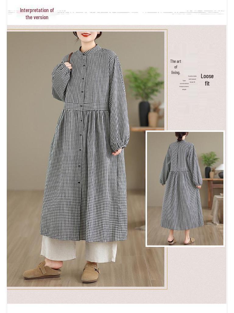 Spring Plaid Linen Dress: Women's Retro Long Sleeve Design Skirt