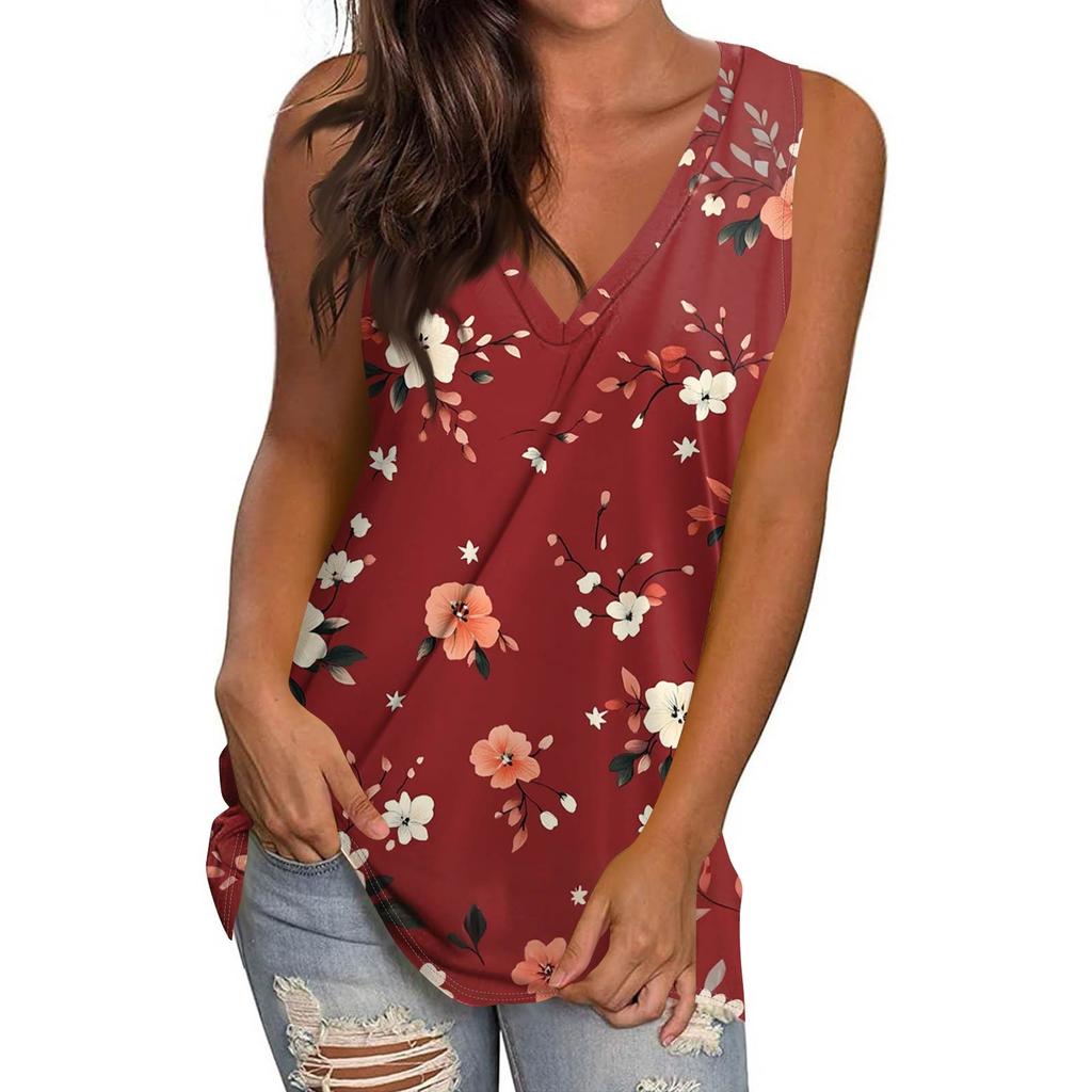 Women's Casual Fashion V-Neck Sleeveless Pullover Top Printed Vest T-Shirt