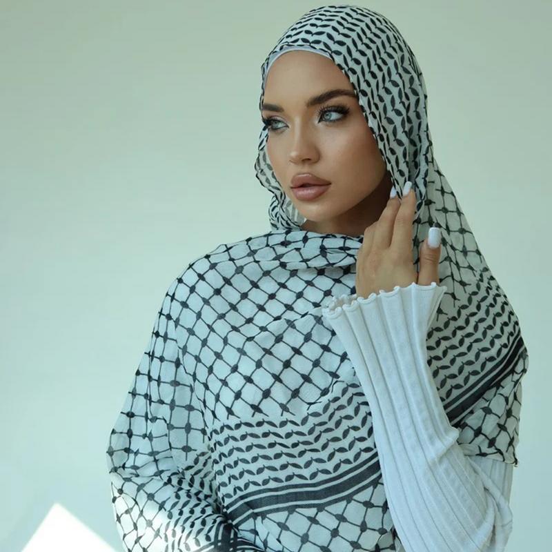 2Pcs Arab Chiffon Scarf Women Muslim Hijab Islamic Scarves Shawl Printed Arab Long Prayer Scarf Breathable Uae Plaid Long Scarf