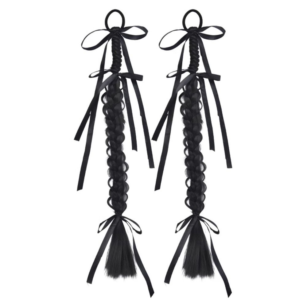 1Pair Fried Dough Ribbon Bow Double Ponytail Handmade Long Braiding Hair Extensions  Women/Girls