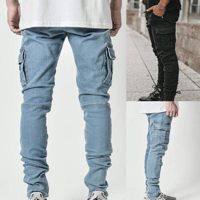 Mehrere Taschen Herren Jeans Einfarbig Denim Mittlere Taille Stretch Skinny Jeans Hosen