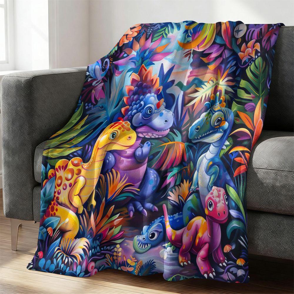 Soft Flannel Blanket Cartoon Jungle Dinosaur Print Throw Cozy Warm Bedding Blanket for Couch Sofa Bed Decorative Gift Blanket