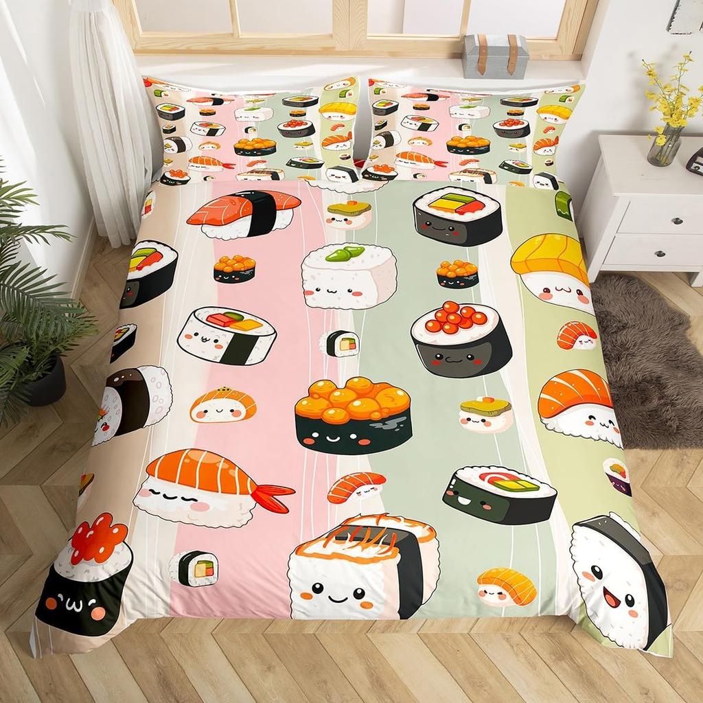 Sushi Duvet Cover Twin Japanese Cherry Blossoms Bedding Set for Girls Boys Room Decor Kawaii Sushi Japan Food Comforter Cover
