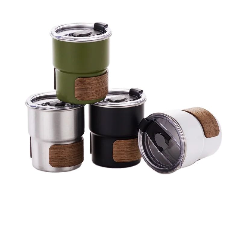 New Cute Tea Beer Cups Single Wall 300ml Color Steel Camping Coffee Mug Wooden Ring Decor