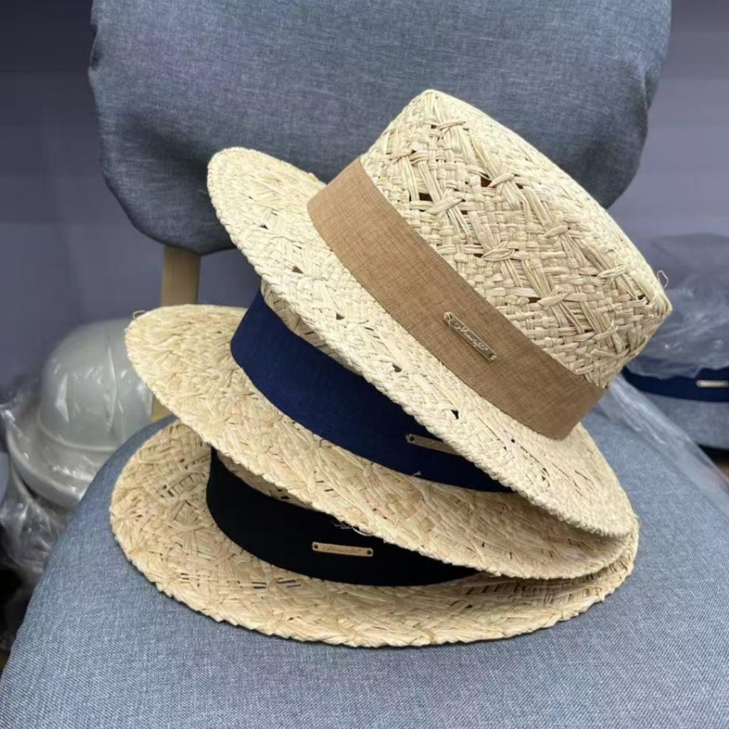 Light luxury raffia flat top small brim hat children's summer sun protection straw hat simple flat top hat sun hat