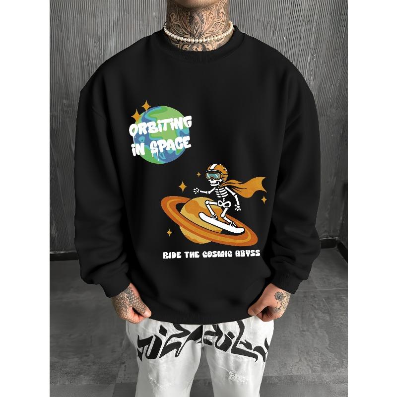 Men'S Space Surfing Skull Snowboard Planetary Star Cartoon Print White Round Neck Sweatshirt, Retro Universe Y2K Loose High Street Pullover Top