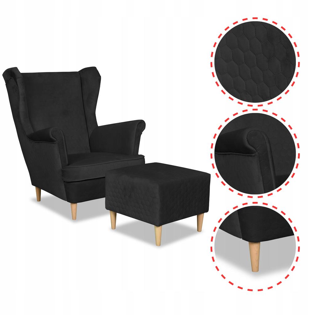 Angelo Wing Chair with Footrest Scandinavian Family Meble Black Velvet