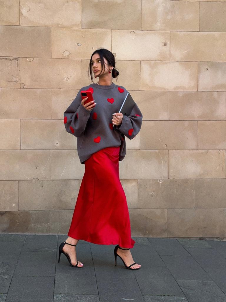 Früher Herbst Lässiger Stil Drapierter Rundhalsausschnitt Langarm Damen Wollpullover Herzfarbe Basisschicht Oberteil Herbst