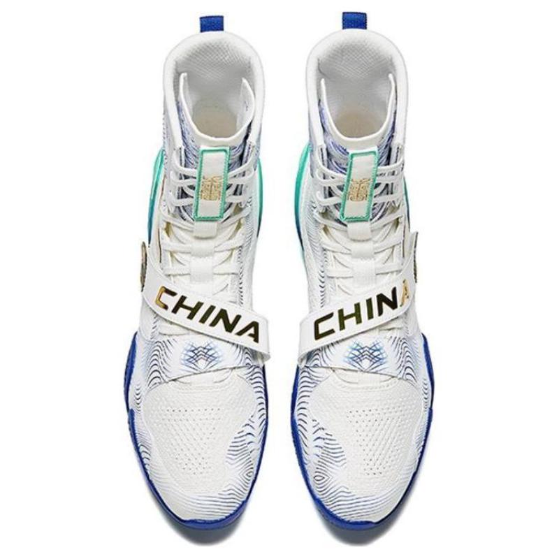 Anta Thunderbolt Slip Resistant Abrasion Resistant High Top Training Shoes Unisex White Blue Sneakers 412440102-6