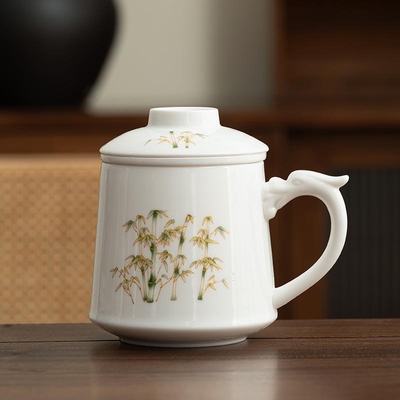 Chinese Gold Silk Dehua White Porcelain Mug Ceramic Large Capacity Office Cup with Lid Tea Separation Cup