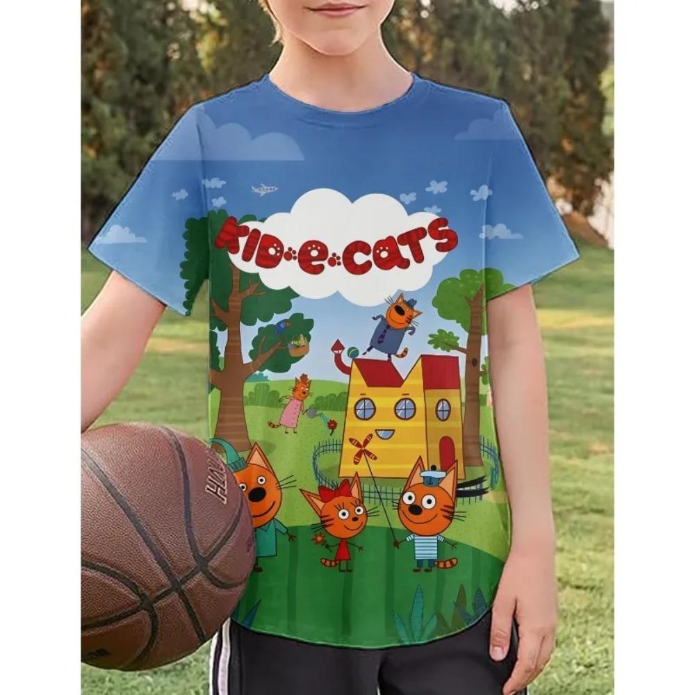 Kid-E-Cats O-neck Short Sleeve T-Shirt Kids High Quality T Shirts Childrens Clothing 3D Cartoon Print Comfortable Kawaii Tees 3D Printed Anime Tops