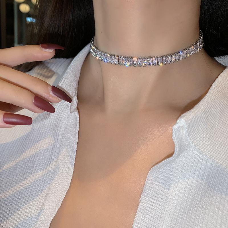 Stainless Steel Shiny Zircon Necklace for Women Simple Adjustable Rhinestones Collar Choker Necklace Fine Jewelry Gifts
