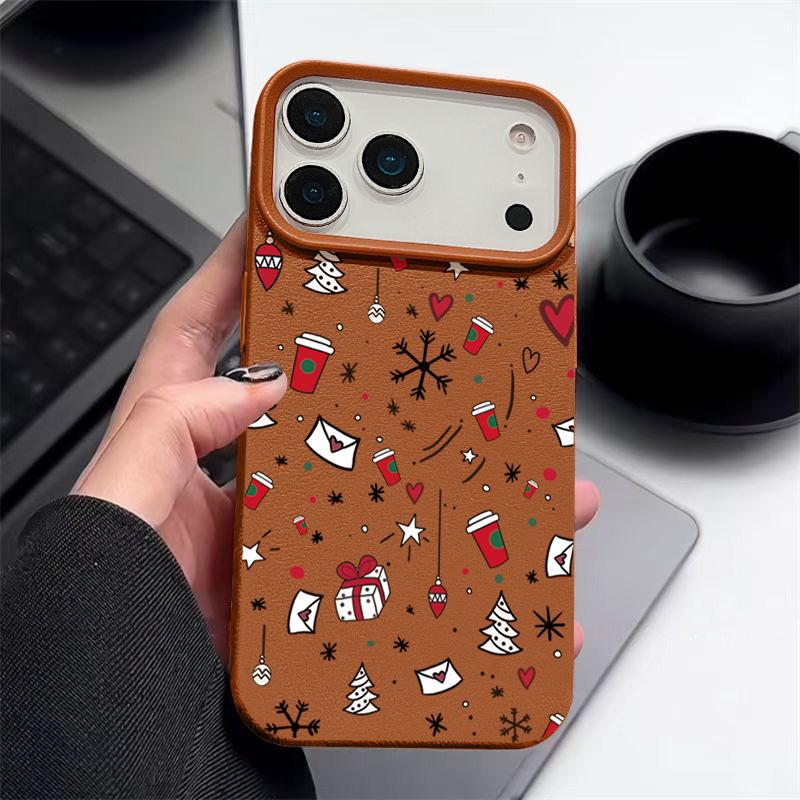 Full-Coverage Christmas Pattern iPhone Case for iPhone 17 16 15 14 Fro Max 13 Air - Festive Shockproof TPU Cover with PU Leather Texture