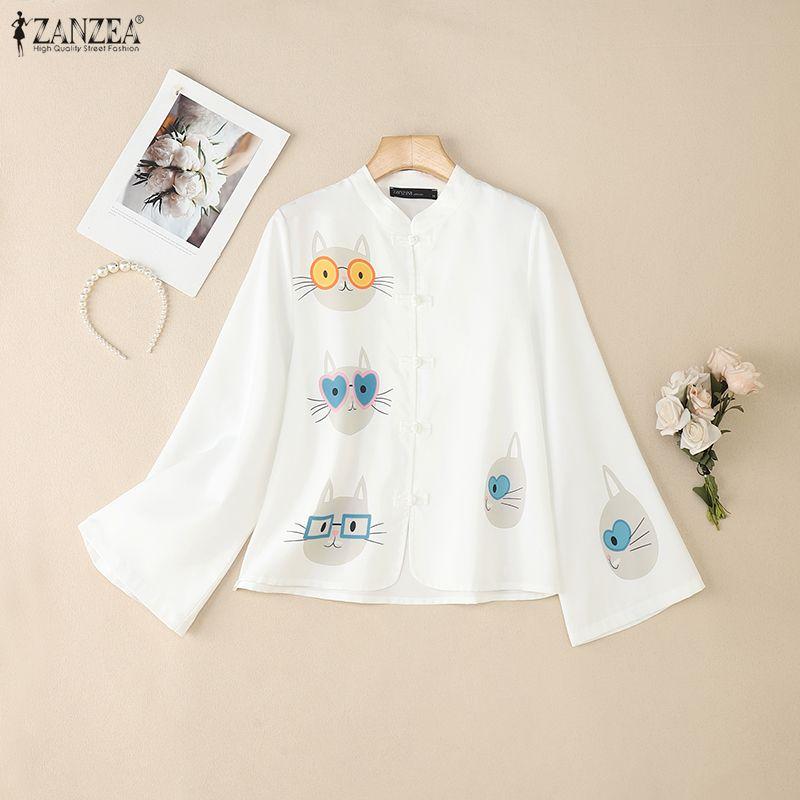 ZANZEA Women Stand Collar Loose Casual Long Sleeve Print Blouse