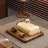 Acacia Wood Glass Cover Butter Box Cheese Plate with Knife Butter Plate Wooden Dessert Plate Cake Pastry Tray Kitchen Utensils