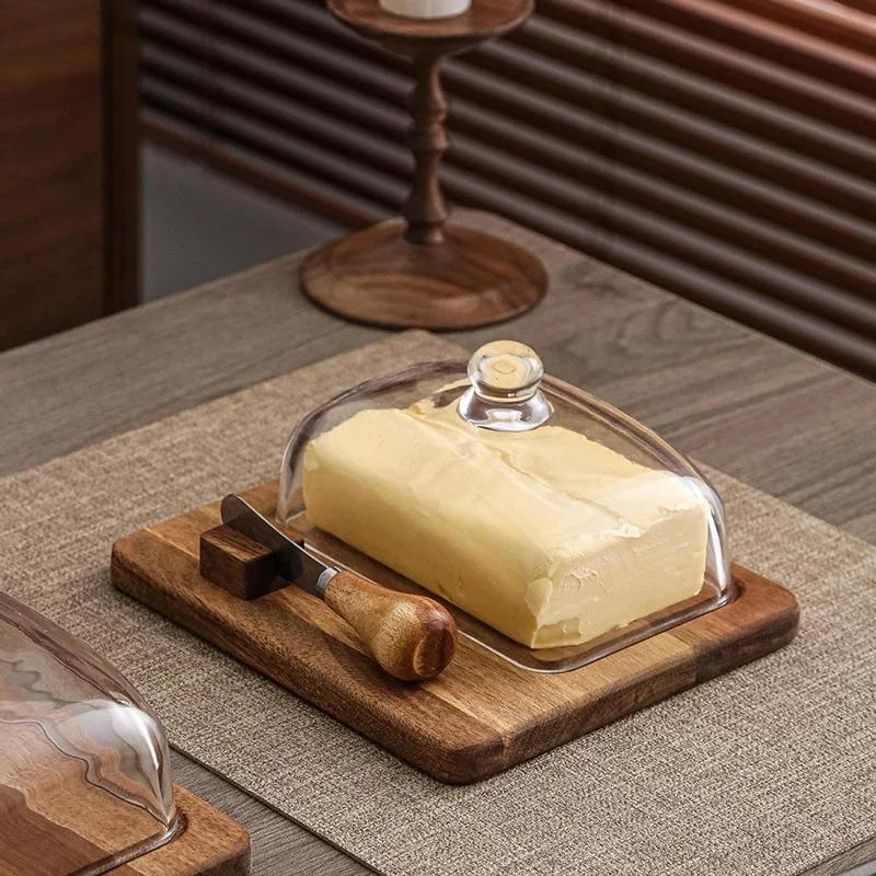 Acacia Wood Glass Cover Butter Box Cheese Plate with Knife Butter Plate Wooden Dessert Plate Cake Pastry Tray Kitchen Utensils