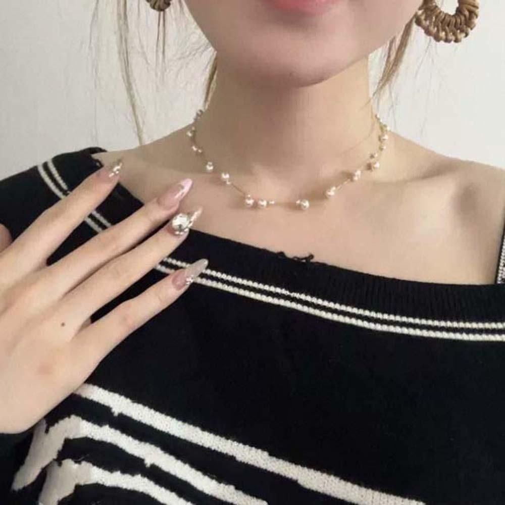 Titanium Steel Beaded Choker Necklace Exquisite Collarbone Chain Elegant Neck Pendant  Girls