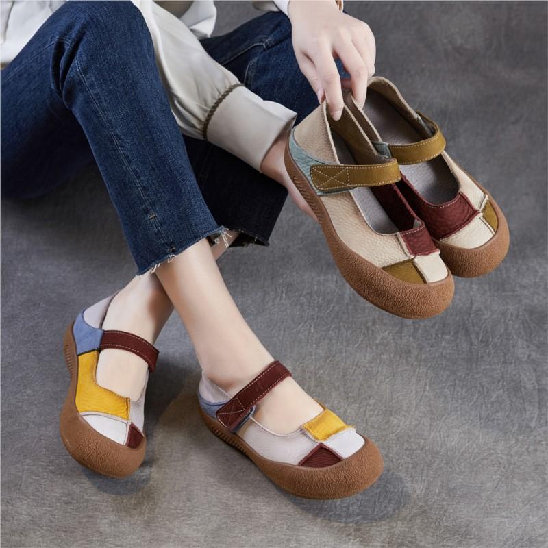 Johnature Genuine Leather Mixed Colors Soft Soled Women's Shoes Retro Round Toe Shallow Flat Shoes