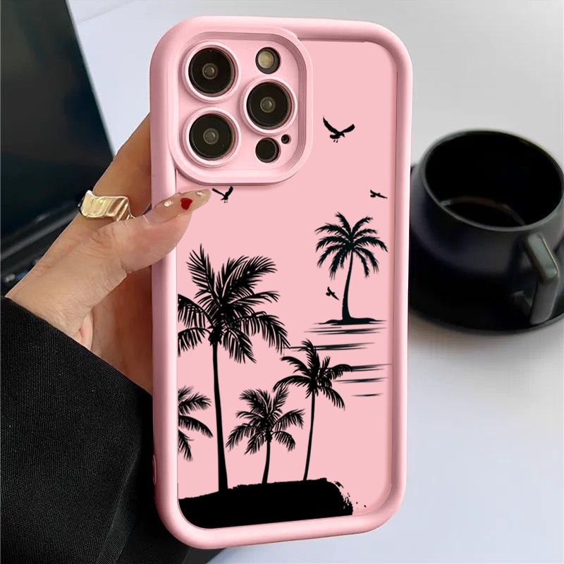 Coconut Tree Pattern Matte Phone Case For iPhone 16 Pro Max 15 Pro 14 13 12 11 Lens Protection Shockproof Soft TPU Bumper Cover