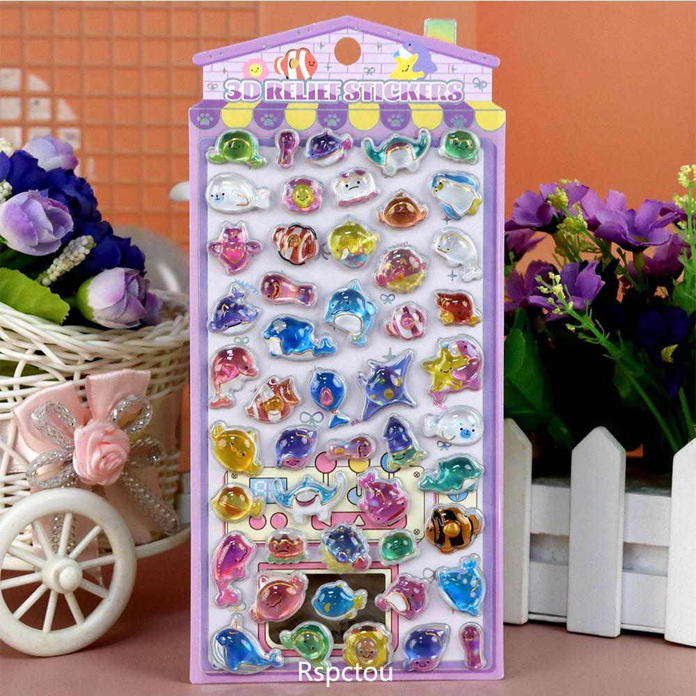 1pcs Cute Rabbit Bear Food Cartoon 3D Crystal Stickers Funny Marine Animals Three-dimensional Relief Decals for Notebook Phone